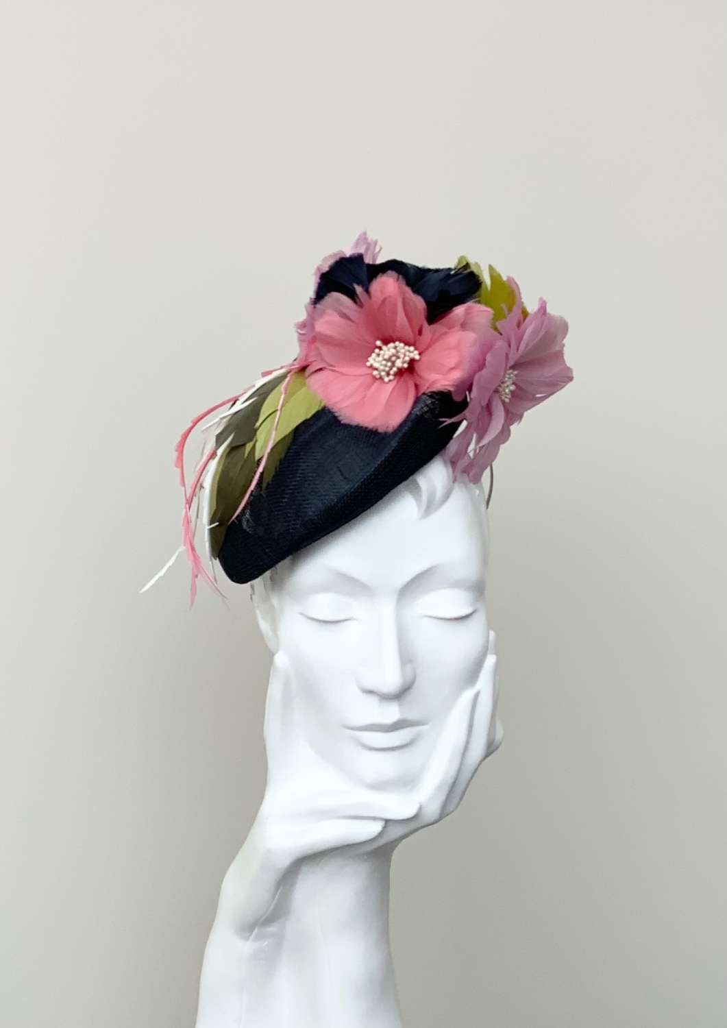Navy Pink Coral Green Mix Feather Flower Cluster Pillbox Fascinator