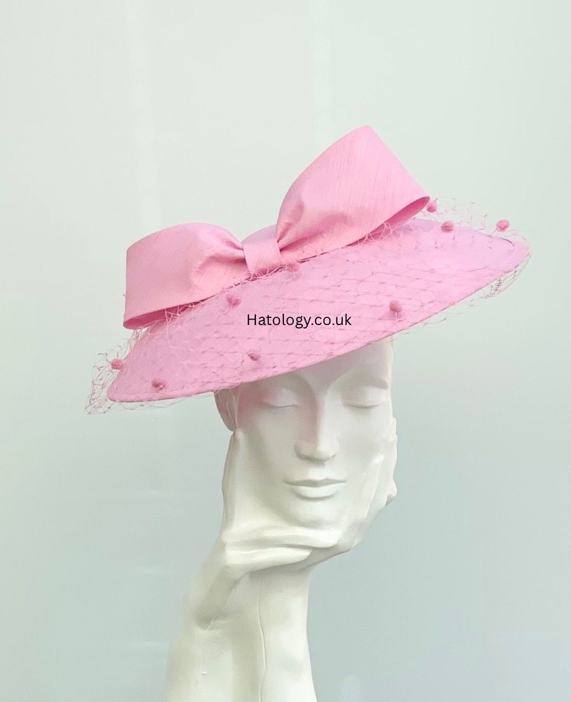Pink Shantung Bow Down Turn Brim Saucer Fascinator