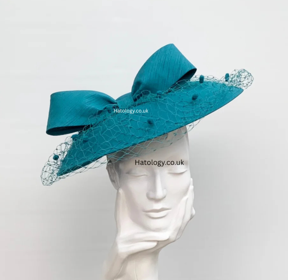 Teal Shantung Bow Down Turn Brim Saucer Fascinator