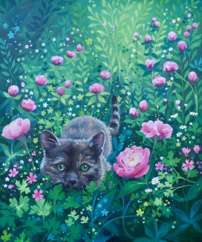 Prowling In Peonies- ORIGINAL PAINTING