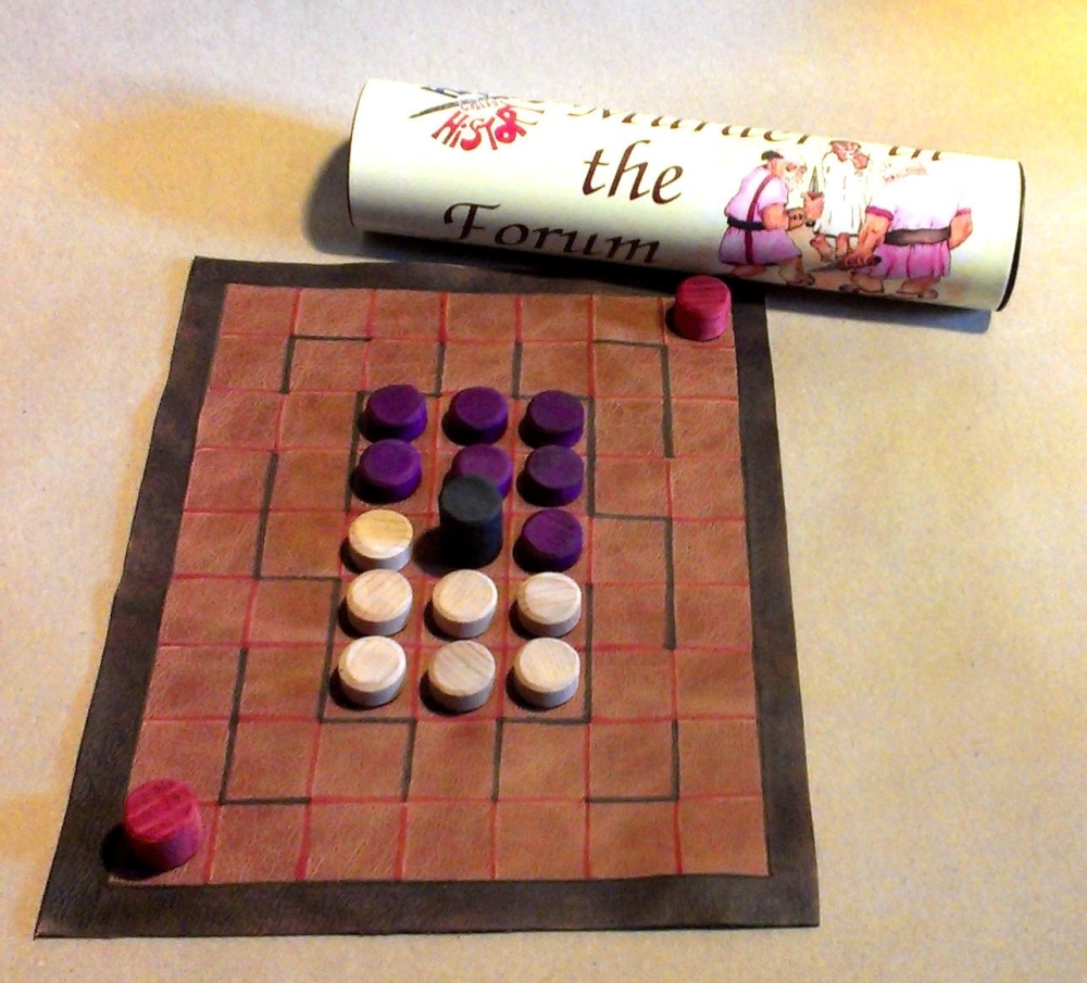Murder in the Forum abstract strategy board game; leather board and wooden 