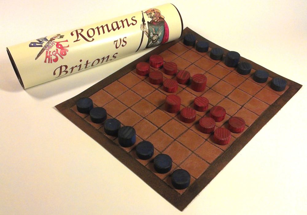 Romans vs Britons abstract strategy board game; leather board and wooden co