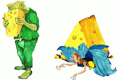 Faeries board game cover artwork - troll clutching cheese and faerie squashed by cheese