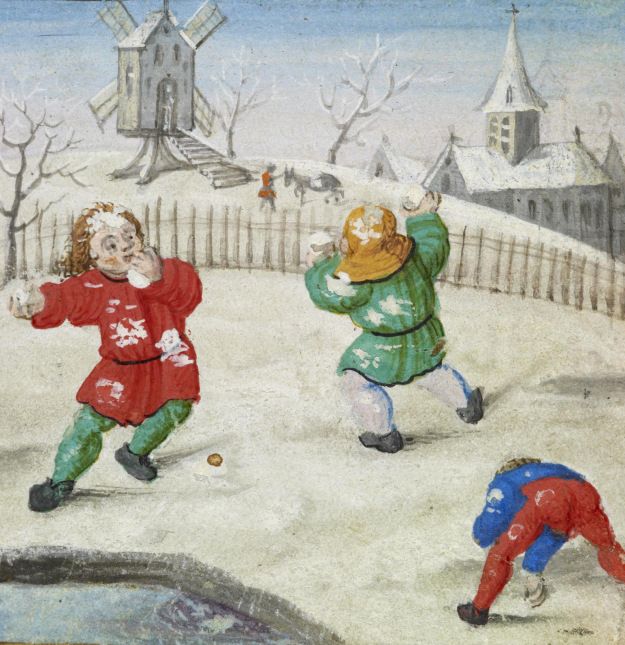 Snowball fight from the Calendar of a fragmentary Prayer Book, c. 1520-30, Brussels