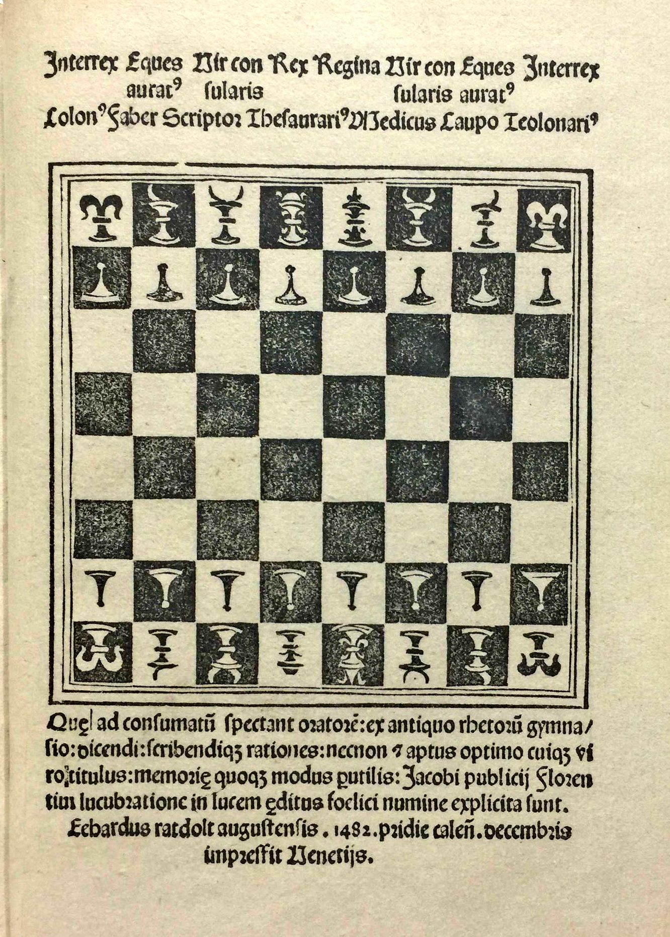 Chess set and layout from the Ars oratoria; Ars epistolandi; Ars memorativa of Jacobus Publicius