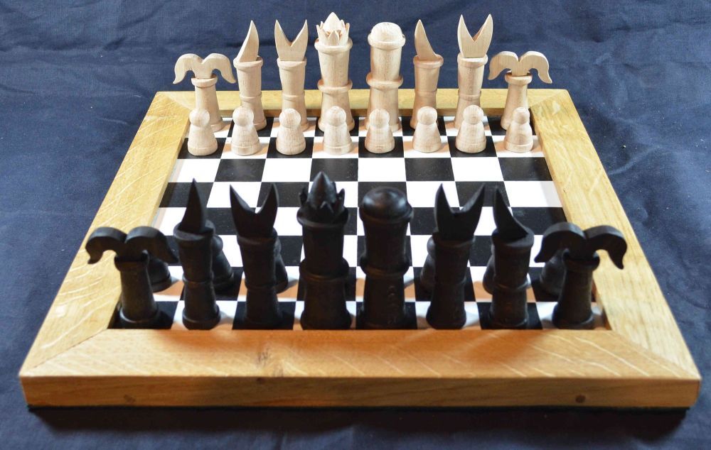 Reconstruction of the Publicius chess set, shown on our painted medieval ch