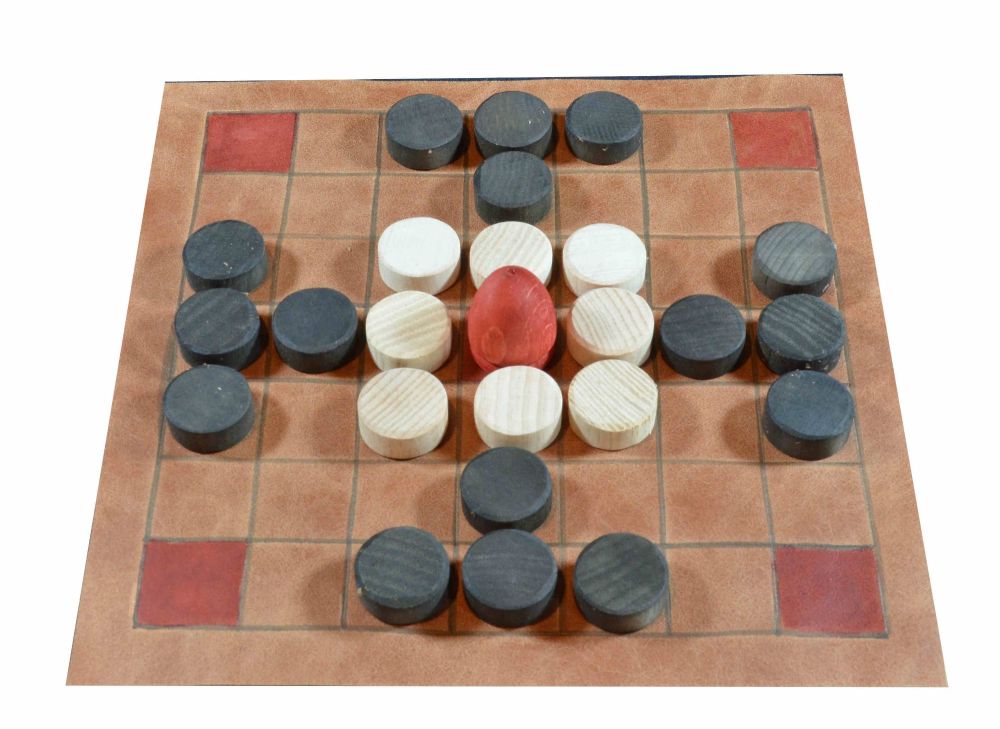 Leather tafl board of 7 x 7 squares, with layout for Fitchneal