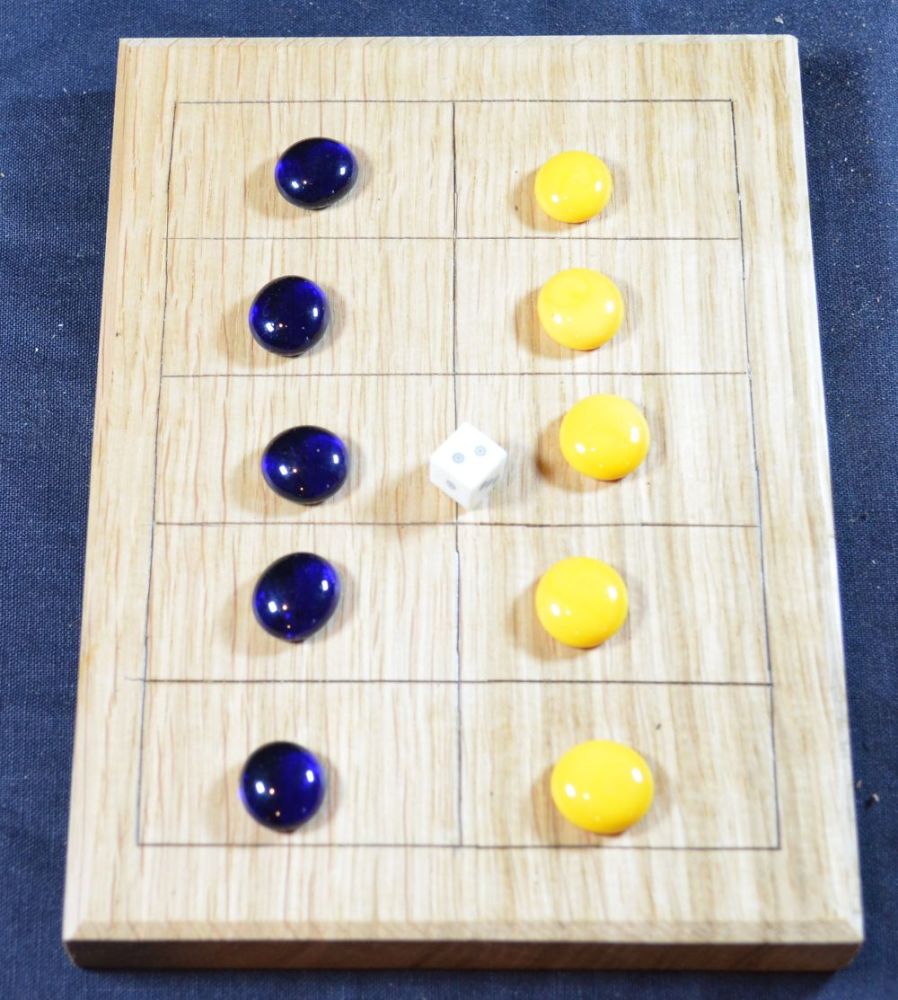 Oak Five Lines board with glass counters and bone dice