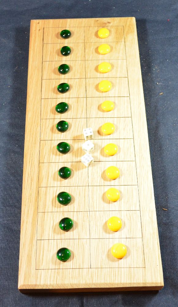 Oak Eleven Lines board with glass counters and bone dice