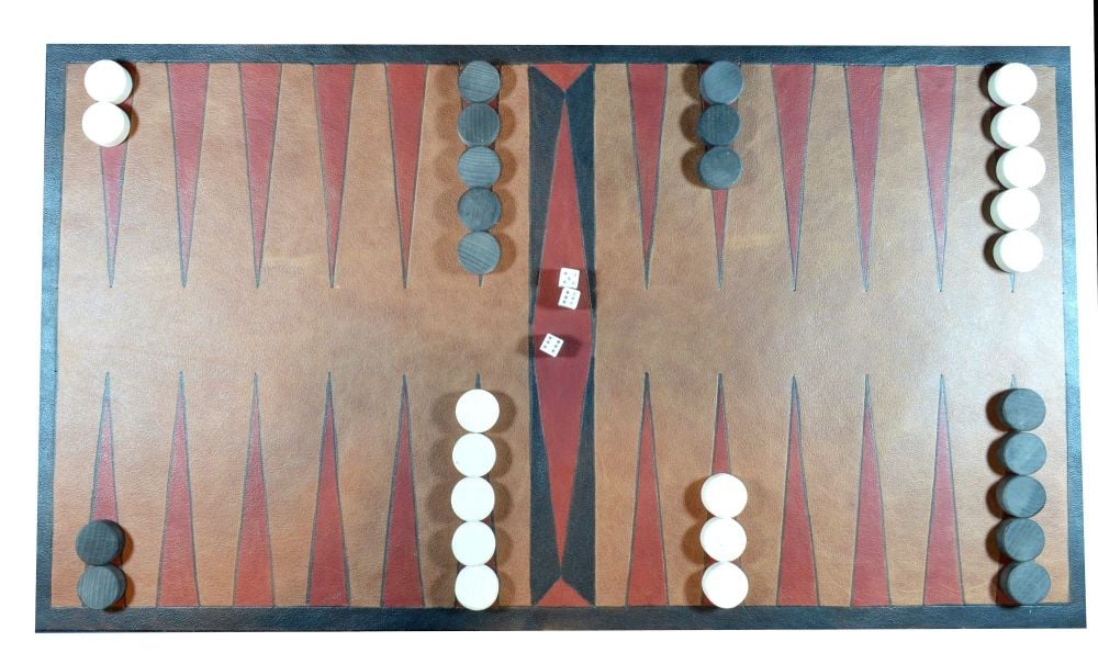 Leather Tables or Backgammon board, with beechwood counters and bone dice