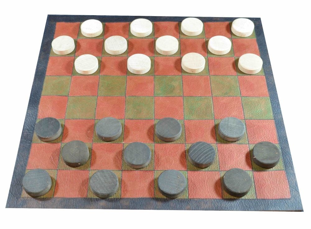 Draughts board with red and green squares, and natural and black beech wood