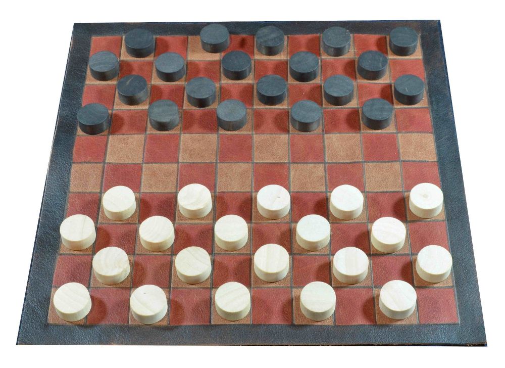 Leather draughts board of 10 x 10 squares, natural and red; with natural an