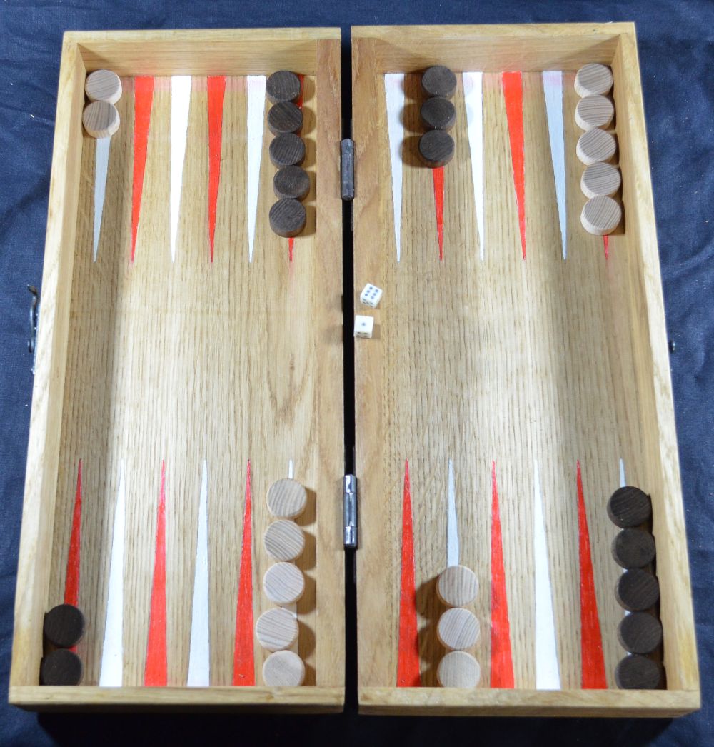 Reproduction eighteenth century box backgammon board, with painted points, beech wood counters and bone dice