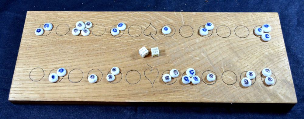 Duodecim Scripta or Alea, 2-row oak board with glass oculi counters and bone dice