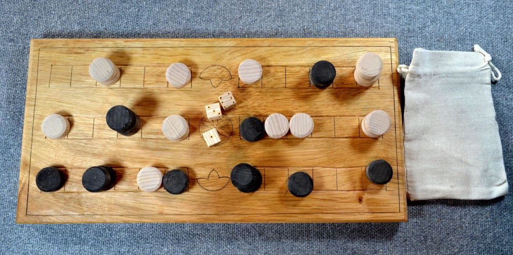 Duodecim Scripta or Alea, 3-row oak board with wooden dice and counters