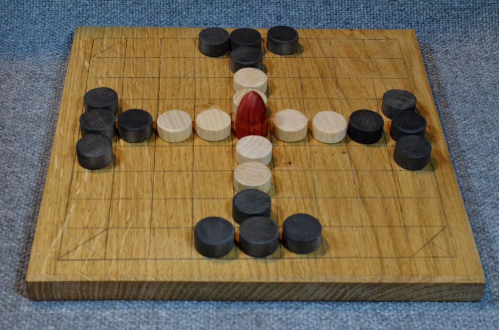 Tablut, oak board 9" x 9", with choice of beechwood or ceramic playing pieces