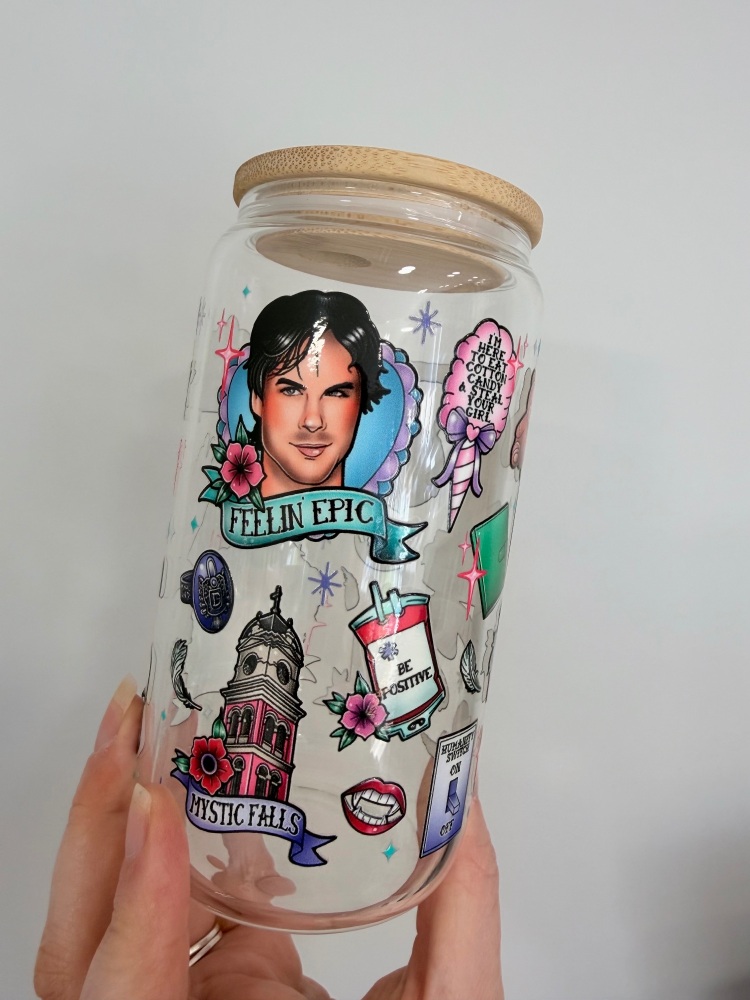 Vampire Diaries Cartoon 16oz Clear Glass Can