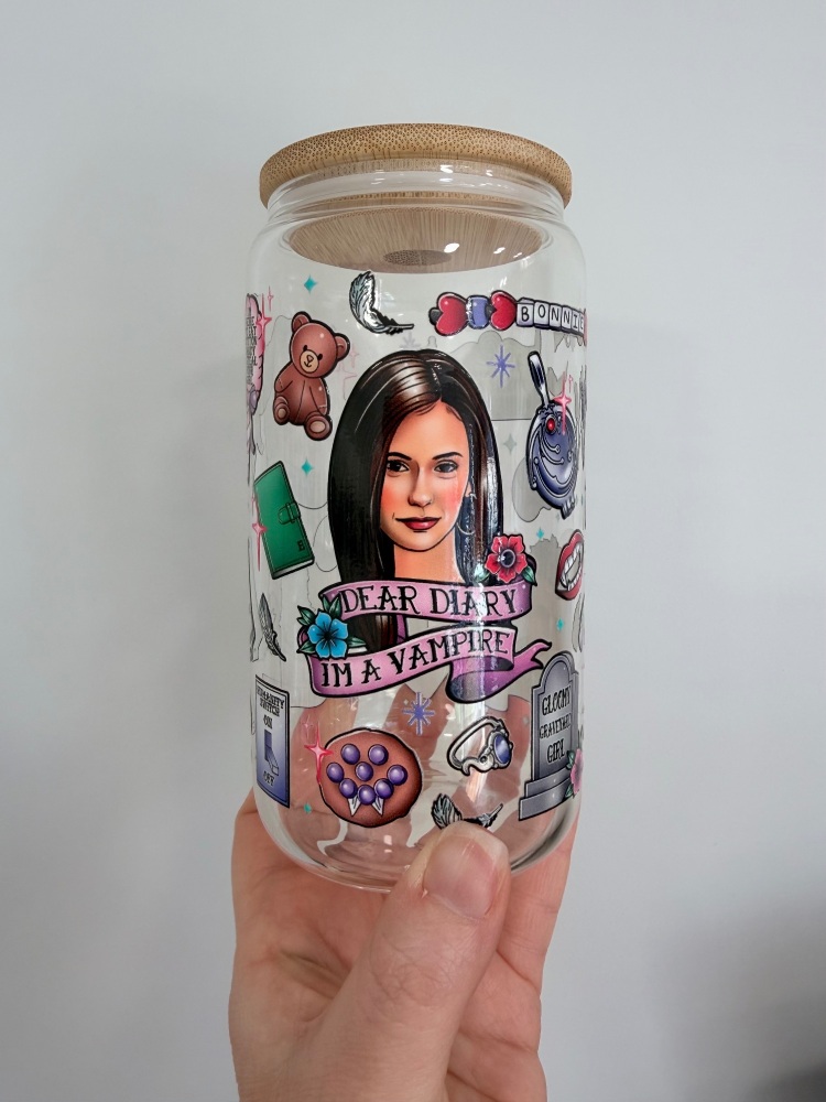 Vampire Diaries Cartoon 16oz Clear Glass Can