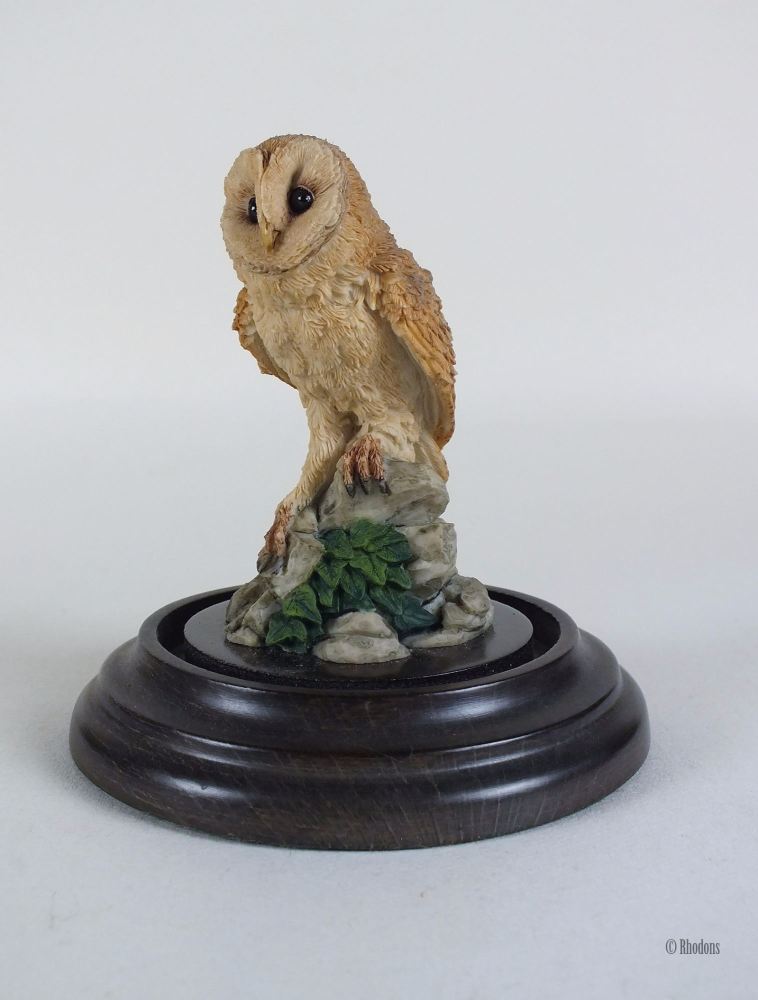Retired Barn Owl Figurine By Country Artists Stephen Langford With Glass Dome Base Stand 1989 Bird Figurines