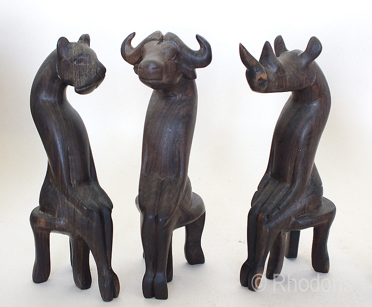 African Carved Wood Animal Figures x5, Elephant, Lion, Rhino, Cheetah, Water Buffalo
