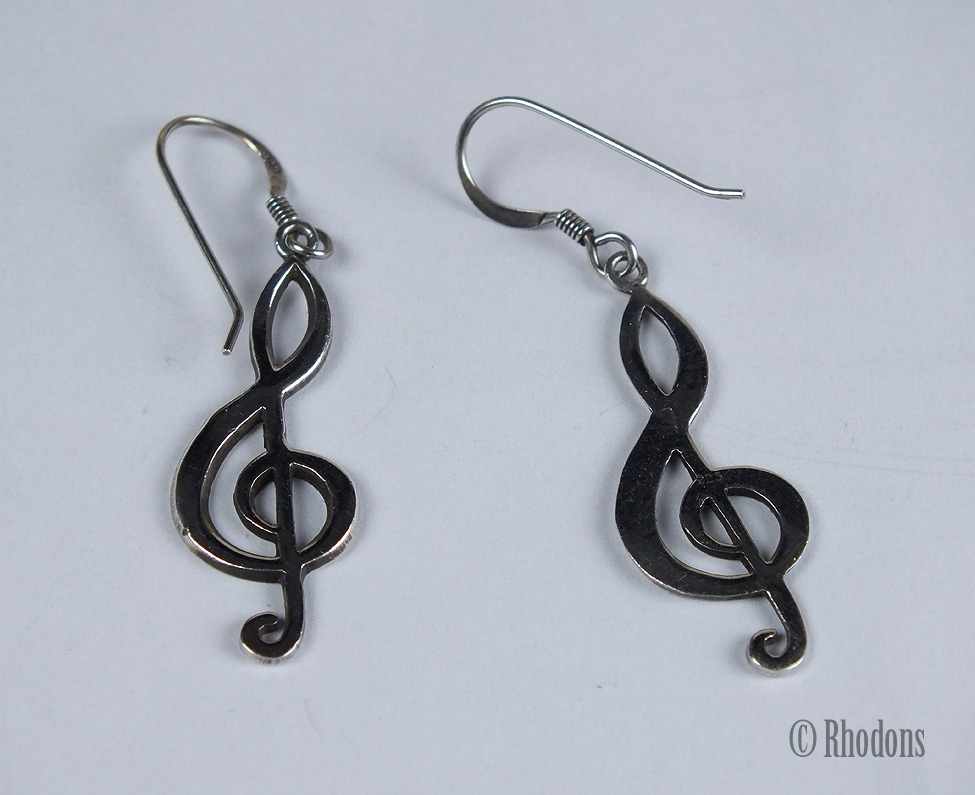 925 Sterling Silver Treble Clef Musical Note Drop Earrings
