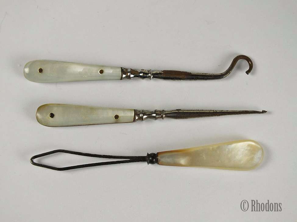 Antique Glove Button Hook, Crochet Hook & Manicure Tool, MOP Handles - Spar