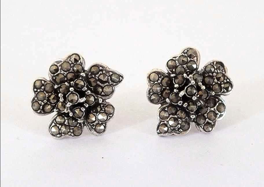 Marcasite and Silver Stud Earrings, 925 Sterling Silver Backed 