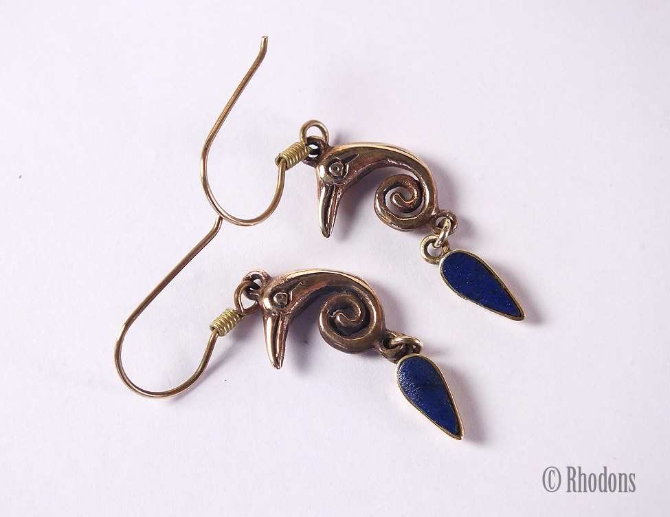 Egyptian Revival Drop Earrings, Gilt / Goldtone With Blue Stones