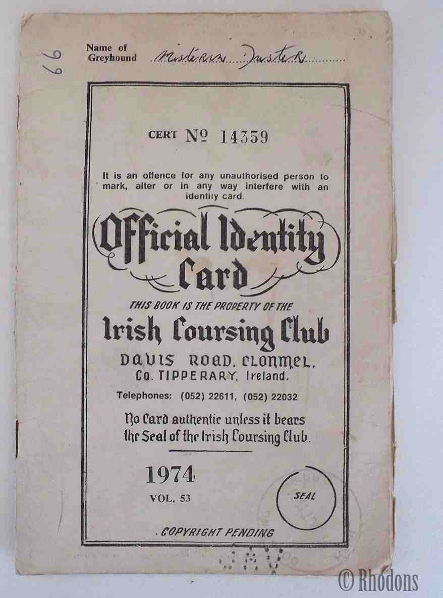 1974 Irish Coursing Club (ICC) Official ID Card