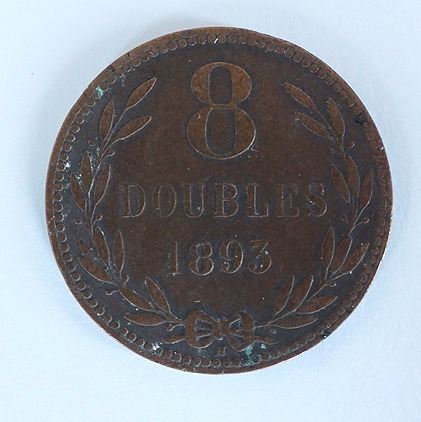 Channel Islands Coins, 1893 Guernsey 8 Doubles Copper Coin