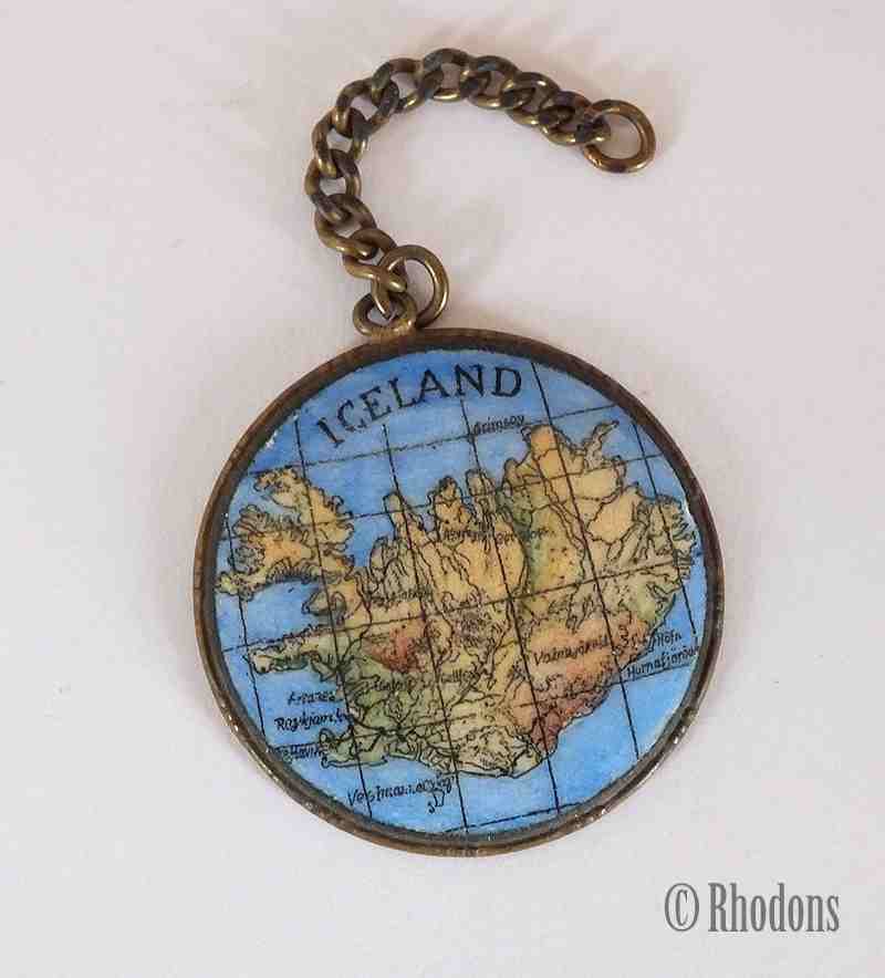 Brass & Enamel Key Chain Fob, Map of Iceland