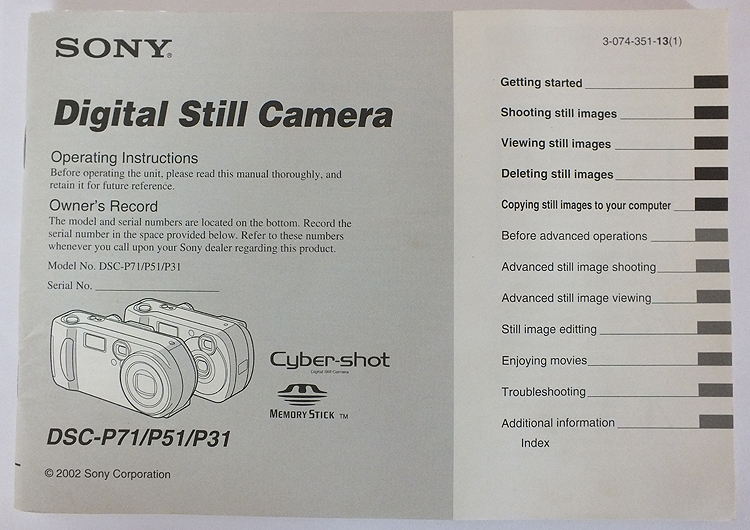 Sony Digital Still Camera DSC-P71/P51/P31 User Operating Instruction Manual