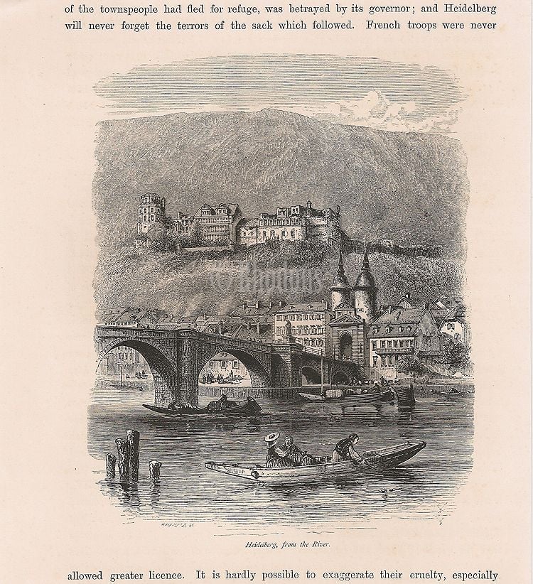 View Of Heidelberg From River, The Rhineland, Germany. Antique Print