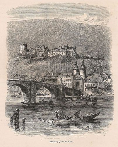 Germany, Rhineland - View Of Heidelberg From River, Antique Print