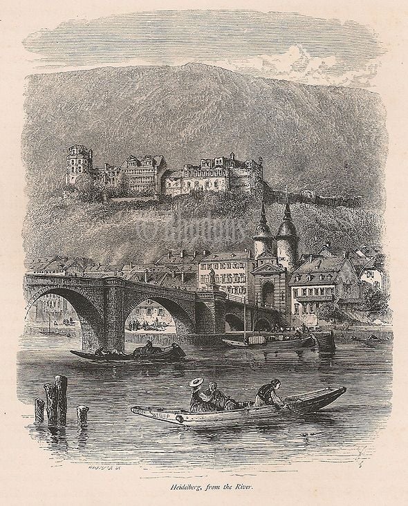 View Of Heidelberg From River, The Rhineland, Germany. Antique Print