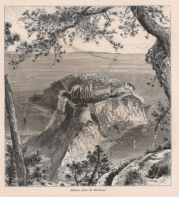 Monaco, View From The Mainland, 19th Century Engraving Print By Harry Fenn