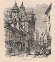 France, Old Houses In Rouen, Antique Print, 19th Century