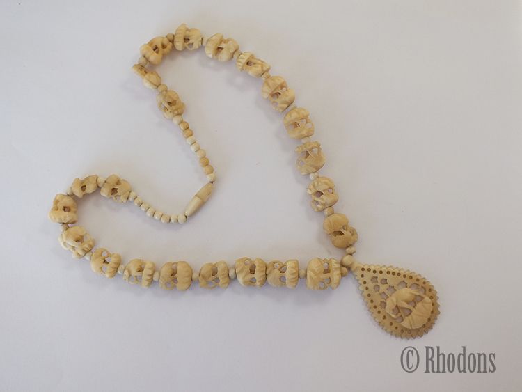 Hand Carved Bone Elephant Pendant Necklace