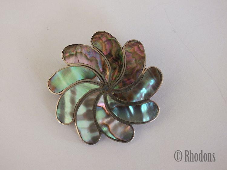 Alpaca Mexico Silver Brooch With Abalone Shell Inlays