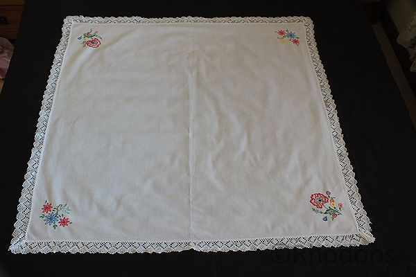 Linen & Lace Tablecloth, Embroidered Poppies & Birds, 1950 1960s