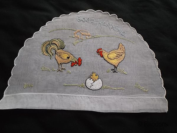 Embroidered Good Morning Set, Teacosy, Egg Cosy and Table Mat - Rooster Motif