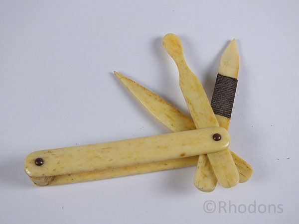 Antique Ivory Personal Hygene Multi Tool, Toothpick, Nail Cleaner & File, E