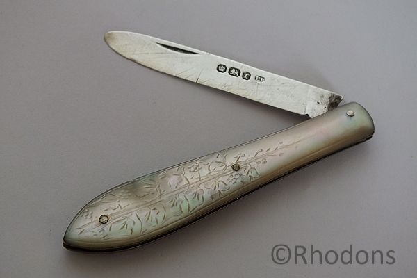 MOP & Silver Folding Fruit Knife, Edmund Bell 1895
