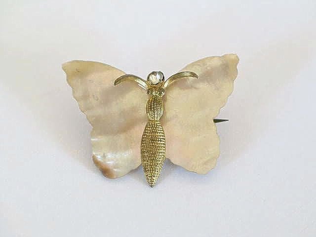 Butterfly Pin Brooch, Mother Of Pearl & Gilt