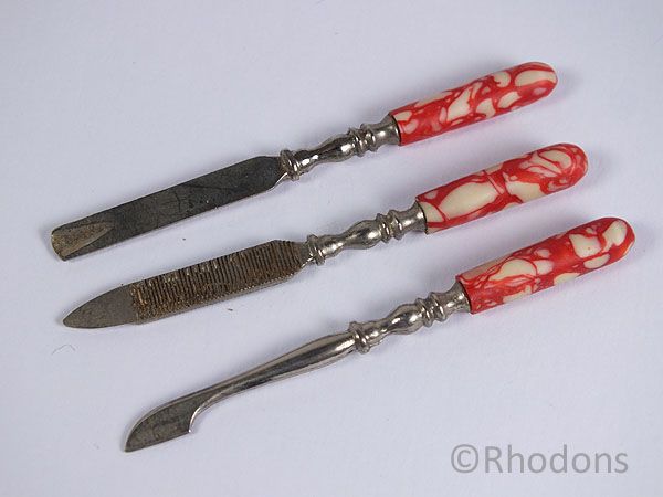 Manicure Tools, Marbled Handles, Set of 3. Early 1900s 