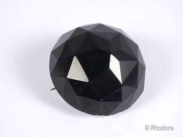 Victorian Mourning Brooch, Black Faceted Glass, French Jet
