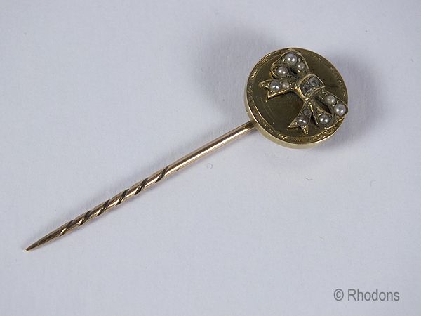 Victorian Stick Pin, Bow Motif With Diamonds & Seed Pearls 