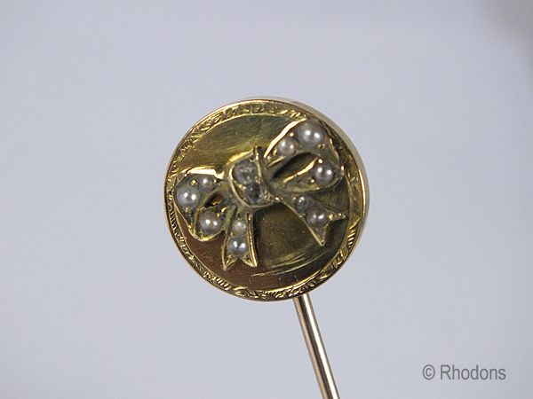 Victorian Stick Pin, Bow Motif With Diamonds & Seed Pearls