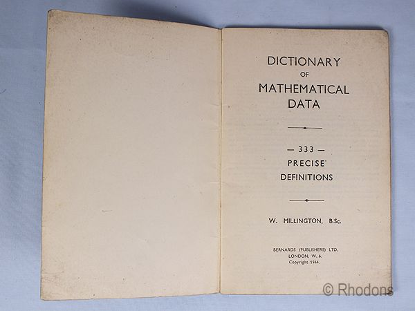 Dictionary Of Mathematical Data, 333 Precise Definitions, W Millington