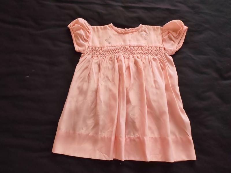 Smocked Baby Dress, Pink Satin, Circa 1950s, 1960s